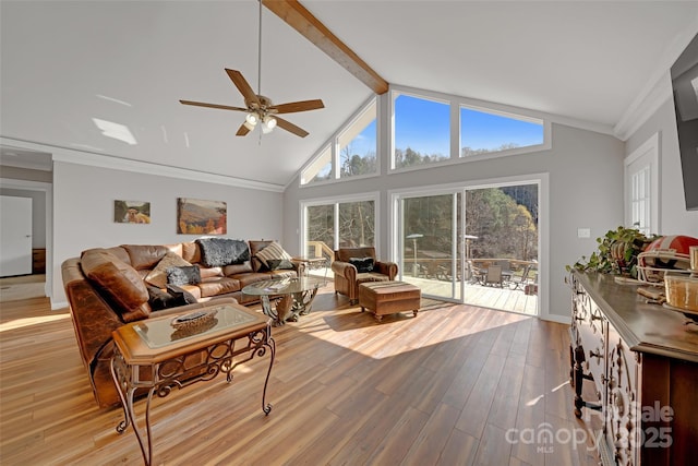 living room featuring a ceiling fan, light wood-style flooring, crown molding, and beamed ceiling