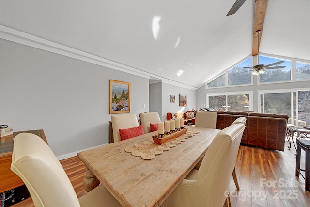 dining space with light wood-type flooring, beam ceiling, baseboards, and ceiling fan