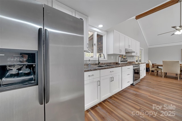 kitchen featuring a sink, white cabinetry, appliances with stainless steel finishes, under cabinet range hood, and ceiling fan