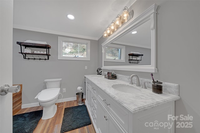 bathroom with toilet, baseboards, a sink, double vanity, and wood finished floors