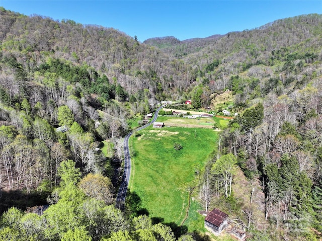 drone / aerial view with a mountain view and a view of trees