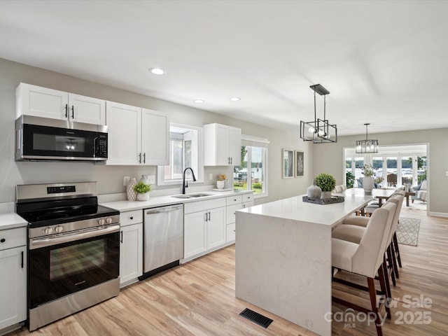 kitchen with a breakfast bar area, stainless steel appliances, a sink, visible vents, and white cabinets