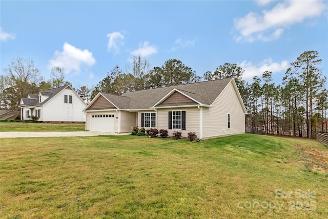 ranch-style house featuring roof with shingles, a front yard, a garage, and concrete driveway