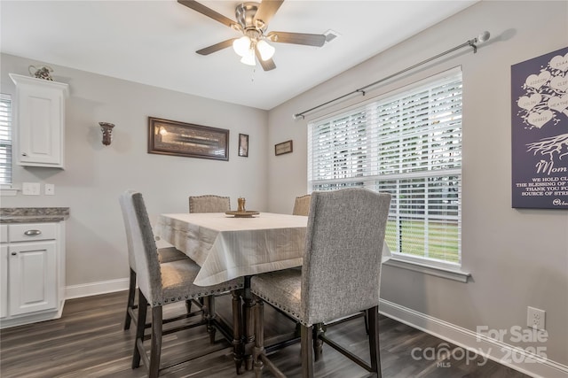 dining room with dark wood-style flooring, a healthy amount of sunlight, and ceiling fan
