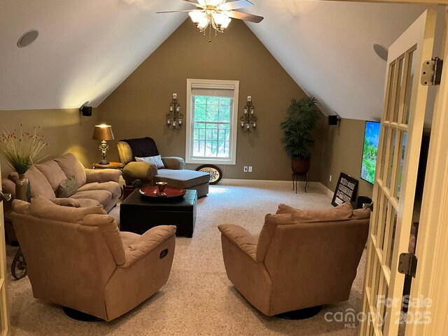 1832 Marthas Vineyard Rd, York, SC 29745 - living room featuring baseboards, ceiling fan, vaulted ceiling, and light carpet