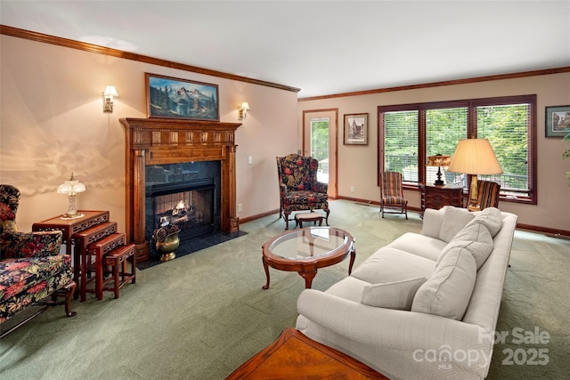 421 N Boundary Rd, Mill Spring, NC 28756 - living area with carpet flooring, ornamental molding, a fireplace, and baseboards