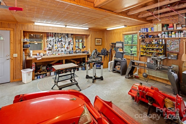 421 N Boundary Rd, Mill Spring, NC 28756 - garage with wood walls, a workshop area, and wood ceiling