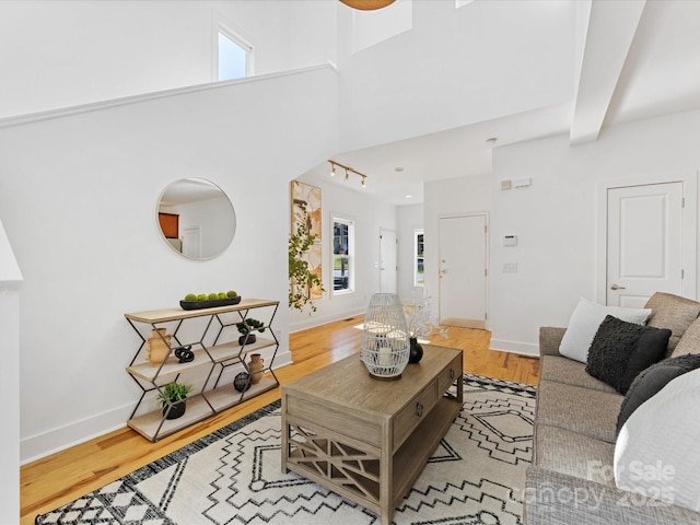 living room featuring light wood-style floors, a towering ceiling, baseboards, and a healthy amount of sunlight