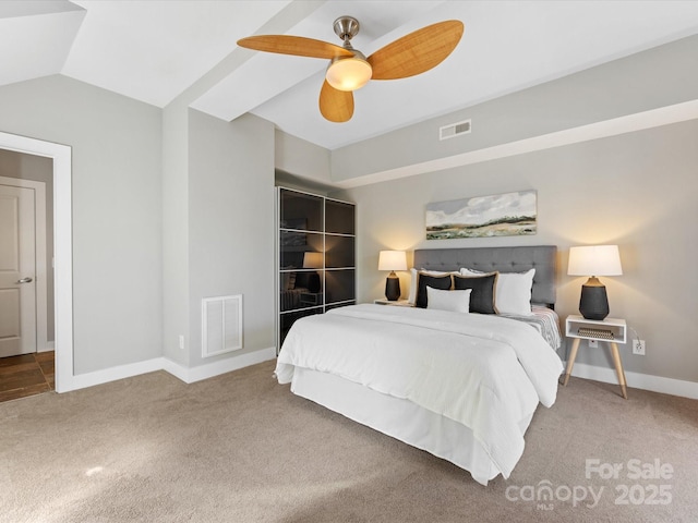 carpeted bedroom featuring visible vents, a ceiling fan, baseboards, and lofted ceiling