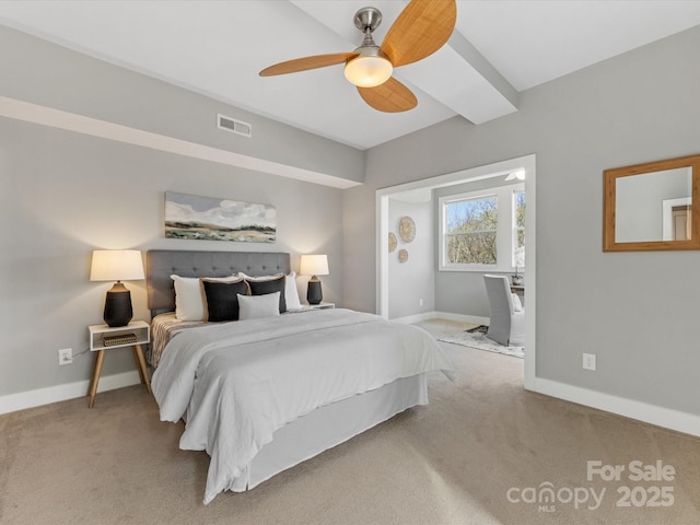bedroom with carpet flooring, baseboards, visible vents, and ceiling fan