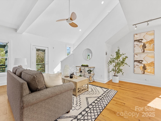 living room with rail lighting, a wealth of natural light, and light wood-type flooring