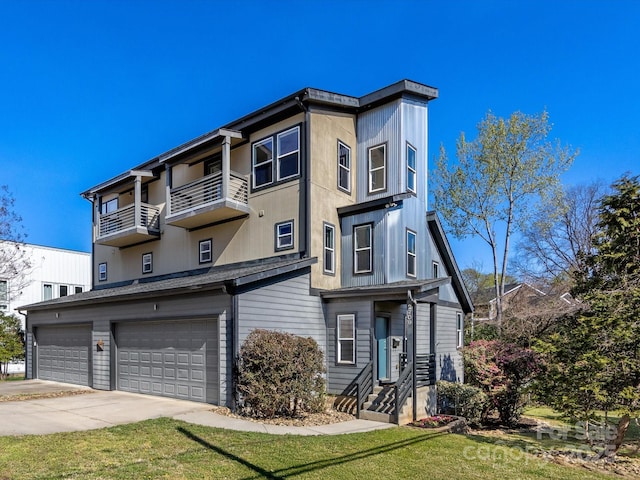 multi unit property with driveway, a balcony, a front yard, and a garage