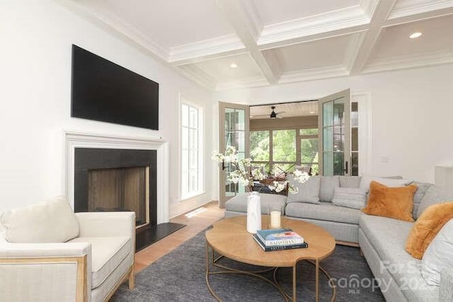 3119 Knowlton Ln, Charlotte, NC 28205 - living area with coffered ceiling, beam ceiling, a fireplace, ornamental molding, and recessed lighting