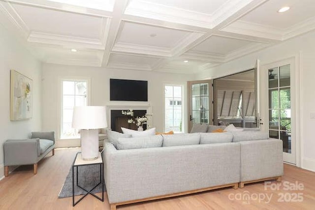 3119 Knowlton Ln, Charlotte, NC 28205 - living room with wood finished floors, beamed ceiling, coffered ceiling, baseboards, and recessed lighting