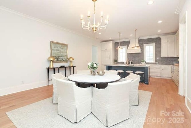 3119 Knowlton Ln, Charlotte, NC 28205 - dining area featuring a chandelier, light wood-style flooring, crown molding, recessed lighting, and baseboards