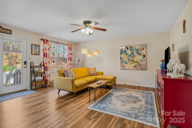 12 Hutchinson Woods Dr, Fletcher, NC 28732 - living room with ceiling fan, baseboards, wood finished floors, and a textured ceiling