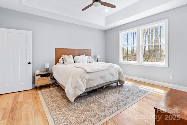 209 Fall Leaves Dr, Fairview, NC 28730 - bedroom featuring a tray ceiling, light wood-type flooring, recessed lighting, and a ceiling fan
