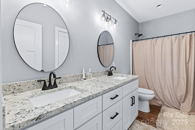 209 Fall Leaves Dr, Fairview, NC 28730 - full bath with double vanity, wood finished floors, and a shower with shower curtain