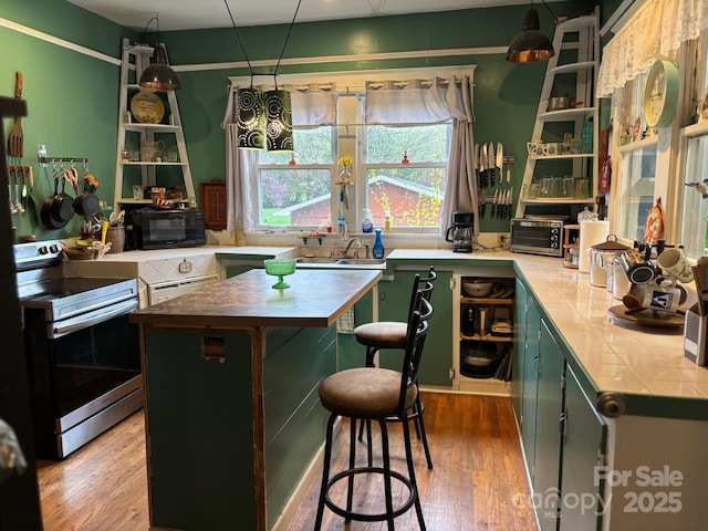 212 S Mitchell Ave, Bakersville, NC 28705 - kitchen featuring black microwave, a center island, stainless steel range with electric cooktop, green cabinetry, and wood finished floors