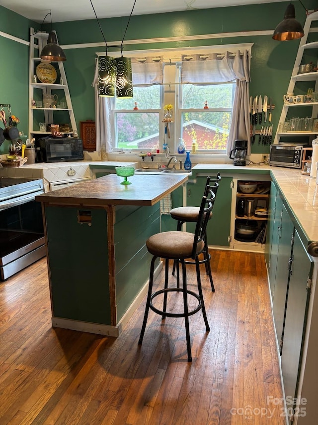 212 S Mitchell Ave, Bakersville, NC 28705 - kitchen with black microwave, open shelves, electric stove, wood-type flooring, and a toaster