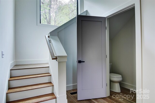 181 Curly Maple Dr, Canton, NC 28716 - staircase with baseboards and wood finished floors