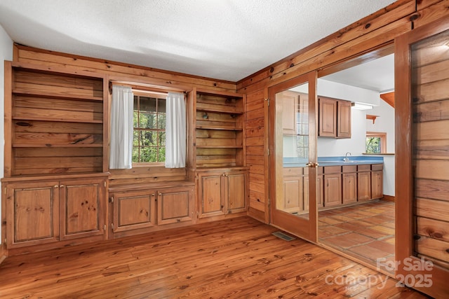 unfurnished dining area featuring light wood-type flooring, a healthy amount of sunlight, wood walls, and a textured ceiling