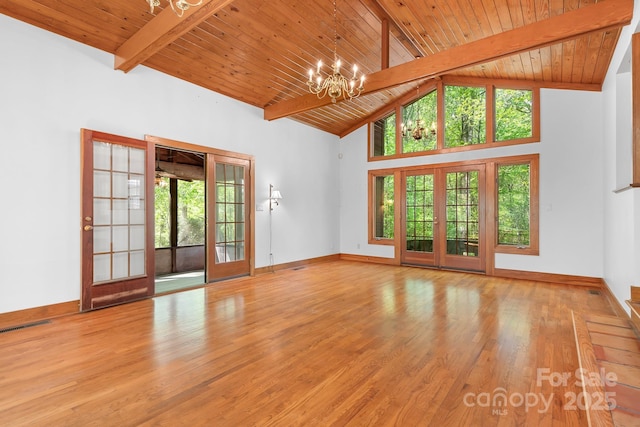 spare room with wood ceiling, a notable chandelier, beam ceiling, and plenty of natural light