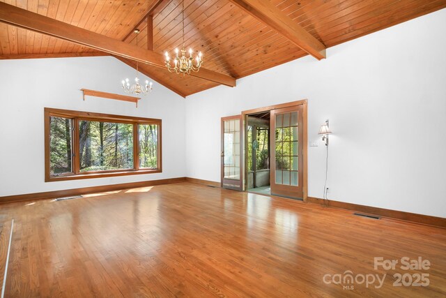 empty room with a wealth of natural light, vaulted ceiling with beams, visible vents, and an inviting chandelier