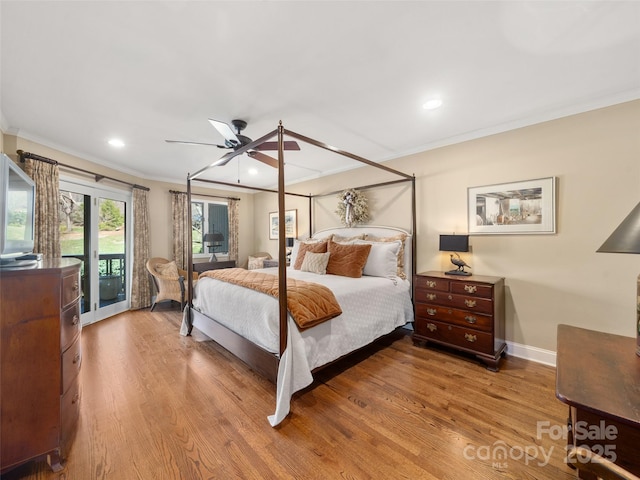 12 Clubside Dr, Asheville, NC 28804 - bedroom with access to exterior, crown molding, wood finished floors, baseboards, and recessed lighting