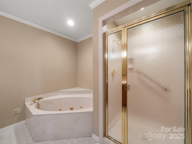 12 Clubside Dr, Asheville, NC 28804 - full bathroom featuring crown molding, a shower stall, baseboards, a tub with jets, and tile patterned floors
