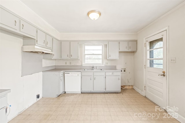 kitchen with a sink, light floors, plenty of natural light, and white dishwasher