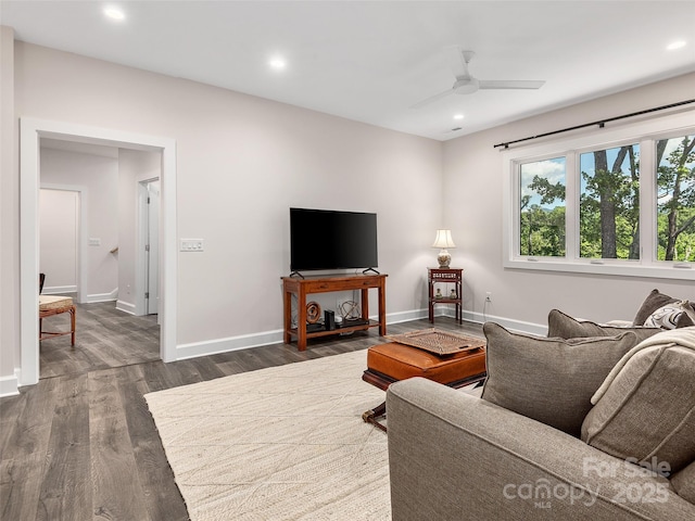162 Riverbend Forest Dr, Asheville, NC 28805 - living area featuring dark wood-type flooring, ceiling fan, baseboards, and recessed lighting