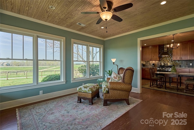 570 Lambs Grill Rd, Rutherfordton, NC 28139 - sitting room featuring dark wood-type flooring, ornamental molding, baseboards, and wood ceiling
