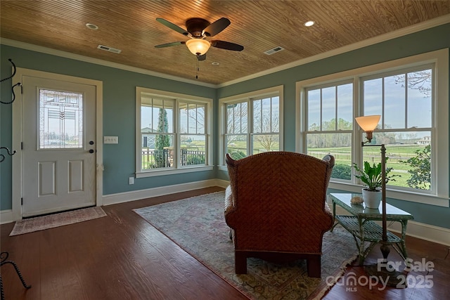 570 Lambs Grill Rd, Rutherfordton, NC 28139 - sitting room featuring crown molding, wooden ceiling, dark wood-type flooring, ceiling fan, and visible vents