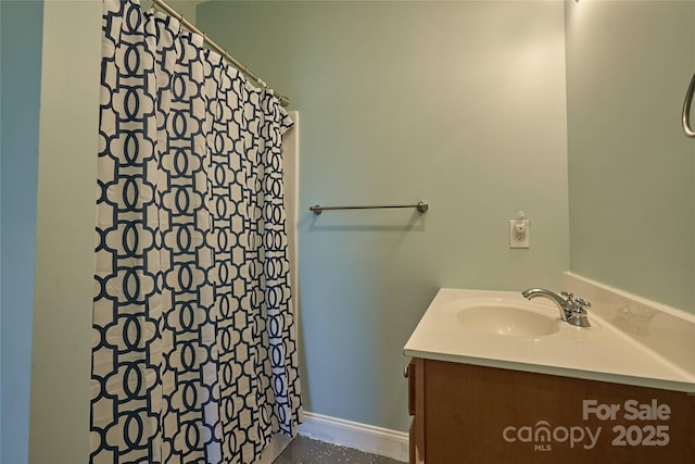 570 Lambs Grill Rd, Rutherfordton, NC 28139 - bathroom with baseboards, vanity, and a shower with curtain