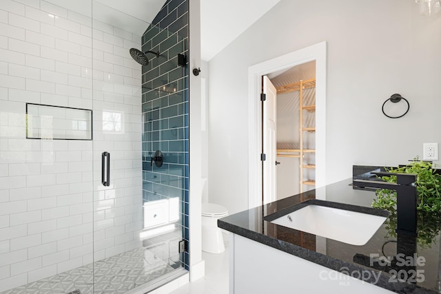 full bath featuring toilet, a shower stall, and vanity