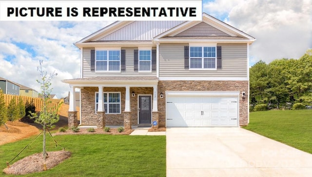 craftsman-style home featuring concrete driveway, stone siding, and a front lawn