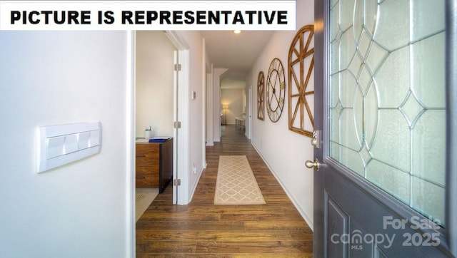 hallway with recessed lighting, dark wood-style floors, and baseboards