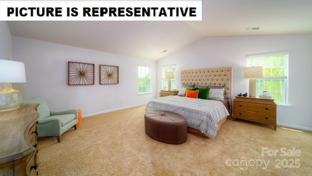 carpeted bedroom featuring visible vents, baseboards, and vaulted ceiling