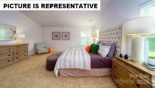 carpeted bedroom with baseboards and lofted ceiling