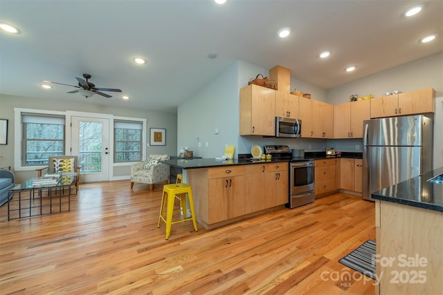 102 Kanawha Dr, Montreat, NC 28757 - kitchen featuring light brown cabinetry, open floor plan, a ceiling fan, light wood-style flooring, and appliances with stainless steel finishes