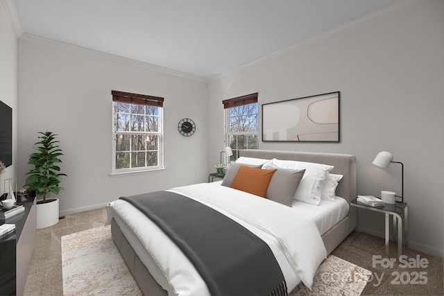 carpeted bedroom with baseboards and crown molding
