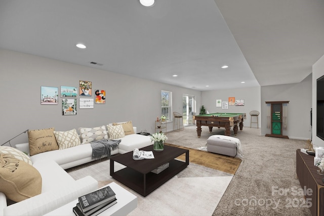 living room featuring billiards, recessed lighting, visible vents, and carpet flooring