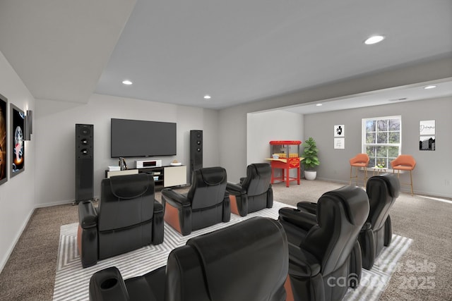 interior space with recessed lighting, light colored carpet, and baseboards