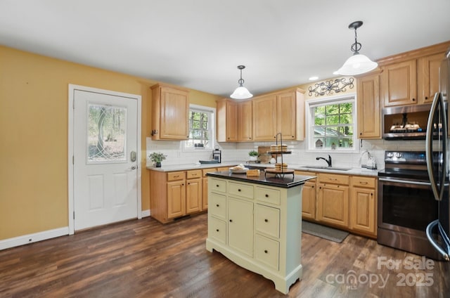 9711 Pine Tree Rd, Norwood, NC 28128 - kitchen featuring tasteful backsplash, a sink, pendant lighting, stainless steel appliances, and dark wood finished floors