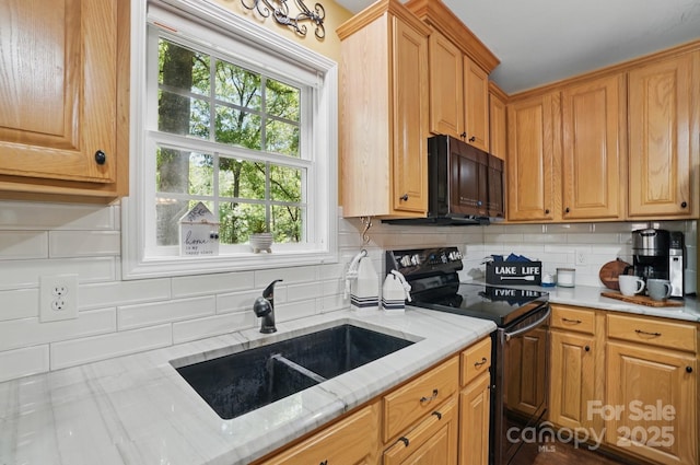 9711 Pine Tree Rd, Norwood, NC 28128 - kitchen featuring decorative backsplash, light stone counters, a sink, and black appliances