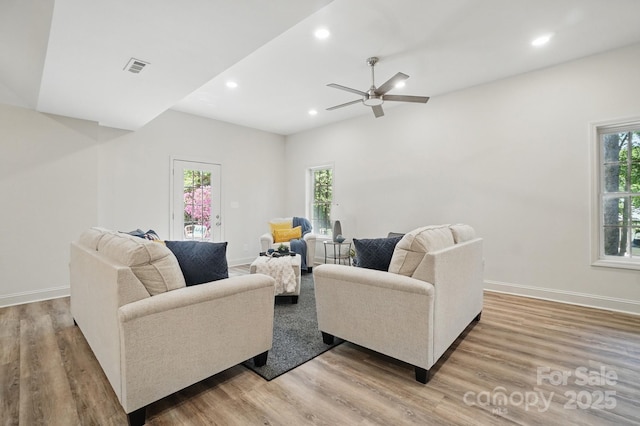 9711 Pine Tree Rd, Norwood, NC 28128 - living room with plenty of natural light, light wood-style flooring, recessed lighting, and a ceiling fan