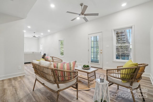 9711 Pine Tree Rd, Norwood, NC 28128 - sitting room featuring recessed lighting, light wood-type flooring, and a ceiling fan