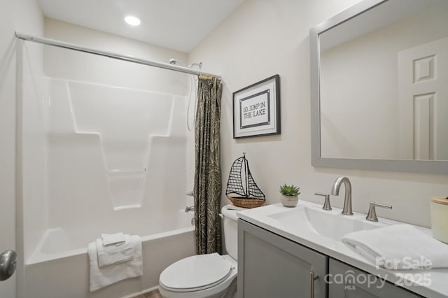 9711 Pine Tree Rd, Norwood, NC 28128 - bathroom with recessed lighting, shower / tub combo with curtain, toilet, and vanity