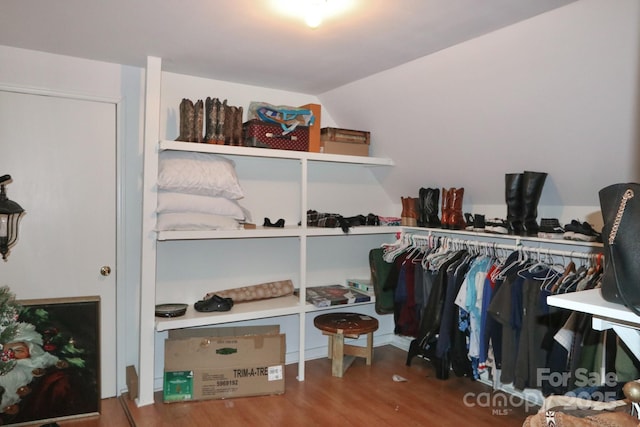 walk in closet with wood finished floors